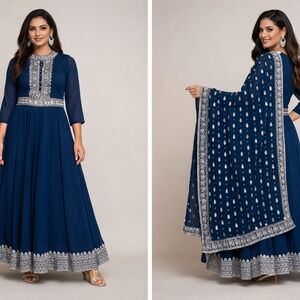 Elegant Blue Embroidered Women's Dress